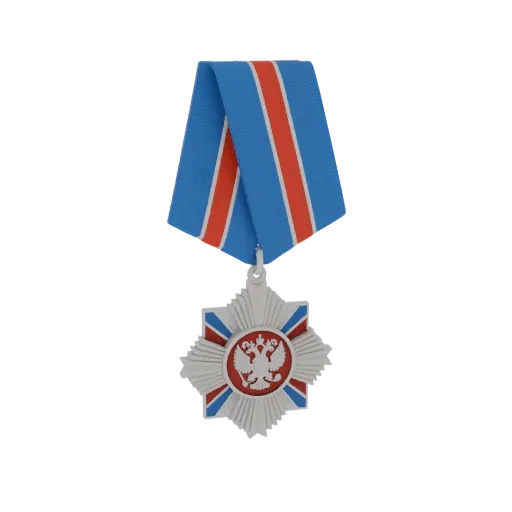 3D model of the Russian Federation Order of Merit Star with a blue and red ribbon, featuring a silver star with a double-head