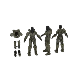 Modello 3D set armatura Spartan Halo, mostra tre figure complete e pezzi armatura separati in verde oliva.