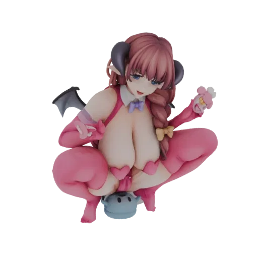 3D model of a pink succubus demoness with purple horns and grey wings, sitting on a blue pot, with a playful expression.