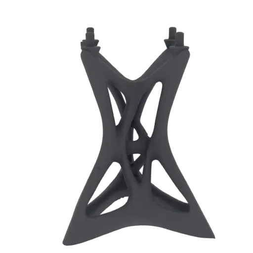 Modelo 3D de una estructura de soporte abstracta, gris oscuro, entrelazada con acabado mate.
