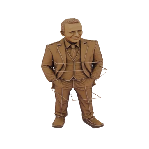 3D model of a confident businessman in a suit, standing with hands in pockets and a slight smile.