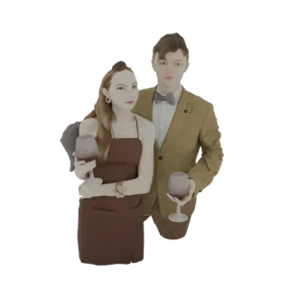 Modelo 3D de una pareja elegante, un hombre con traje y una mujer con vestido, sosteniendo copas de vino, sobre fondo blanco.