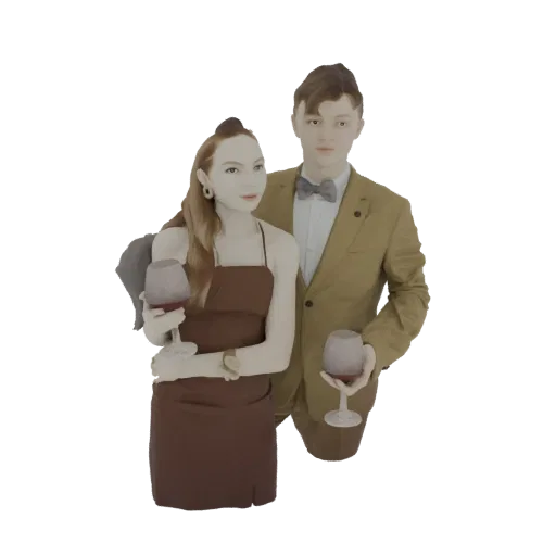 3D-Modell eines eleganten Paares, eines Mannes im Anzug und einer Frau im Kleid, die Weingläser halten, vor weißem Hintergrun