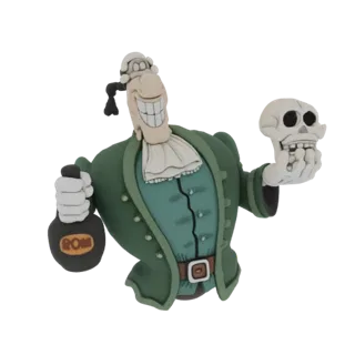 3D model of a cartoonish pirate captain with a wide grin, holding a bottle of rum and a skull.