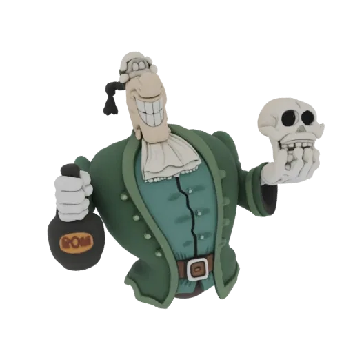 3D model of a cartoonish pirate captain with a wide grin, holding a bottle of rum and a skull.