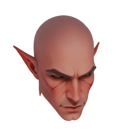 3D model of a bald elf head with pointed ears, red eyes, and facial scars, viewed from a slightly downward angle.
