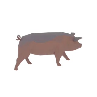 Un modello 3D low-poly di un maiale con corpo marrone e dorso grigio, mostrato di profilo su sfondo nero.