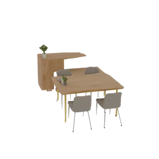 Modelo 3D de comedor moderno con cuatro sillas grises y aparador de madera decorado con planta.