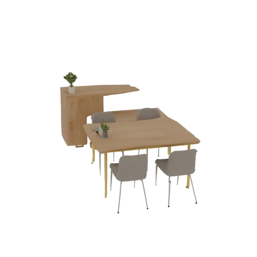 3D model of a modern dining table with four grey chairs and a wooden sideboard decorated with a plant.
