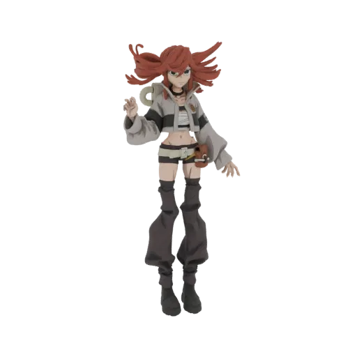 3D model of an anime girl with spiky red hair, wearing a cropped jacket, shorts, and dark legwear, posed against a white background.