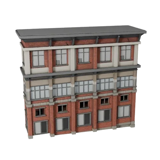 Industrial Facade stylized 3D model, isometric stylized game environment view, showing building facade materials and architectural detail