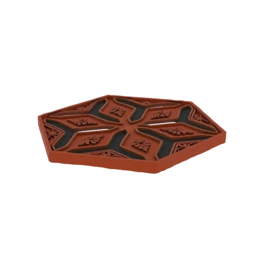 3D model of a hexagonal tray with intricate geometric patterns and floral inlays, rendered in a terracotta color.
