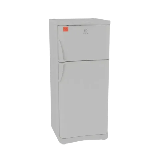 Modèle 3D d'un réfrigérateur blanc à deux portes avec un congélateur en haut et un réfrigérateur en bas, présenté sur fond bl