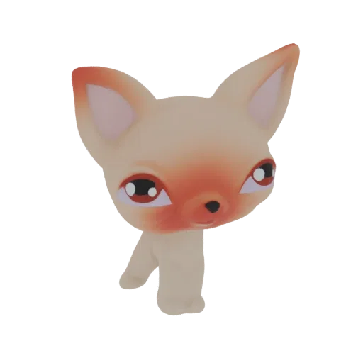 3D model render of a stylized Chihuahua toy figurine with large eyes and pointed ears, in a peachy-tan color with subtle blus