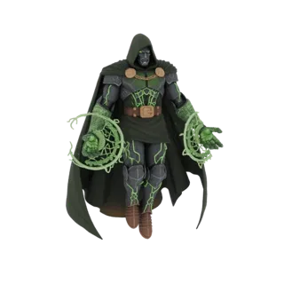 3D model of Doctor Doom in his iconic armor, with green energy effects emanating from his hands, against a white background.