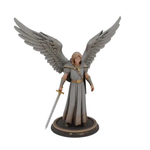 3D model of Archangel Michael with sword and spread wings, standing on a pedestal