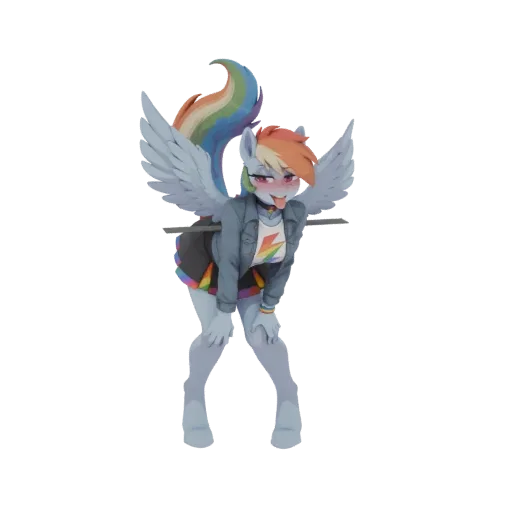 3D model of Rainbow Dash in an anime style, leaning forward with wings spread and tongue out, wearing a denim jacket and rainbow skirt.