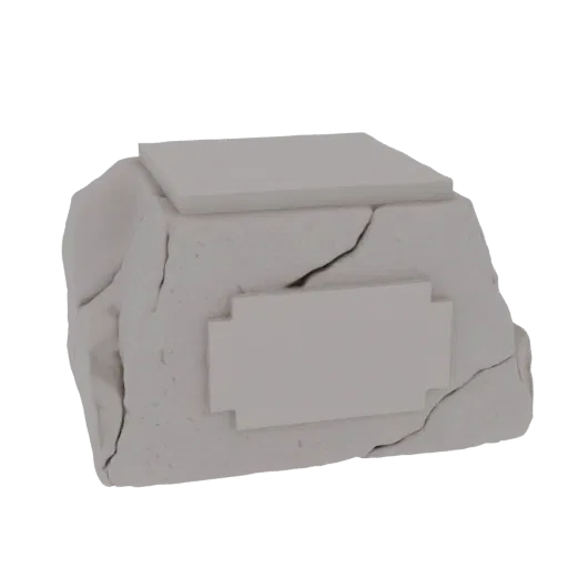 3D model of a cracked stone pedestal with a rectangular plaque on the front and a flat top slab, rendered against a white bac