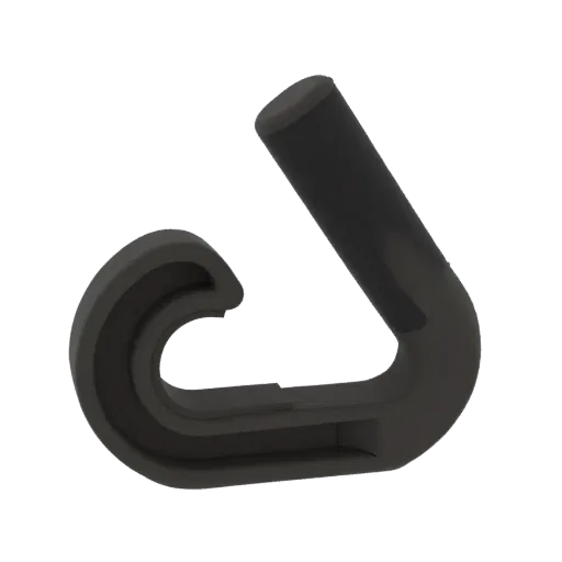 A 3D render of a dark gray J-hook cable clip, designed for organizing wires and cables.