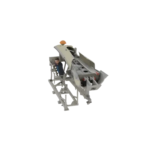 Modello 3D di una figura di meccanico al lavoro su una sezione dettagliata di fusoliera di aereo montata su un supporto indus