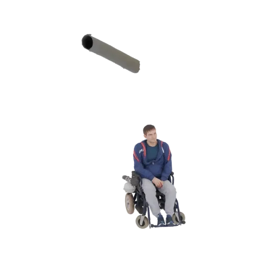 3D model of a man sitting in a wheelchair, holding a grey tube, against a white background.