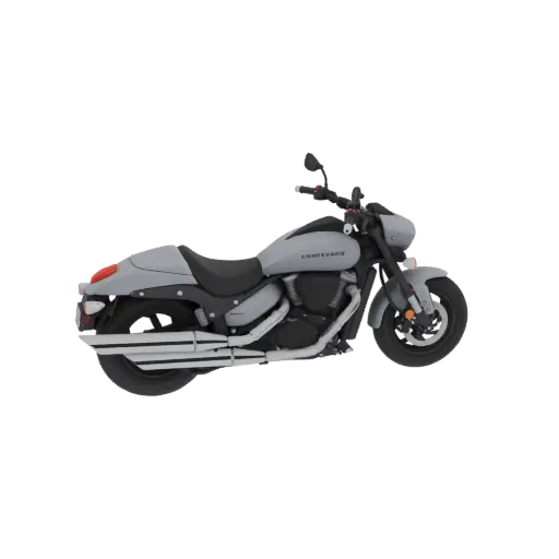 Side view of a 3D model of a light gray Suzuki Boulevard M109R motorcycle against a white background.