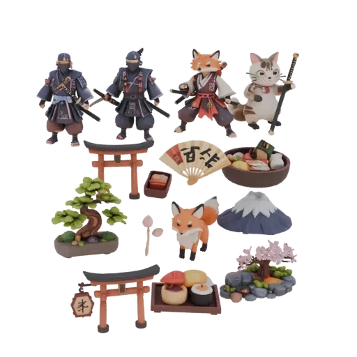 3D model Japanese miniature set: ninja, kitsune, sushi, bonsai, torii gate, Mt. Fuji