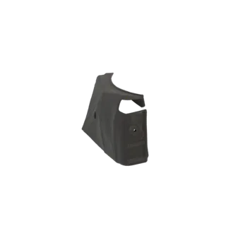 Modelo 3D de uma moldura de canto de para-choques automotivo cinza escuro, visto de lado com fundo branco.