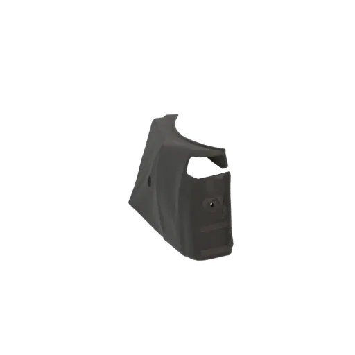 3D model of a dark gray automotive bumper corner trim, viewed from the side with a white background.