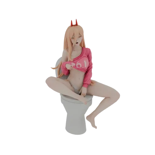 3D model of Power from Chainsaw Man sitting on a toilet, wearing a pink top and grey bottoms, with a playful expression.