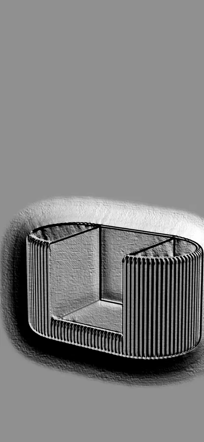 Modello 3D di organizzatore da scrivania ovale con divisori verticali, in stile incisione, su sfondo grigio