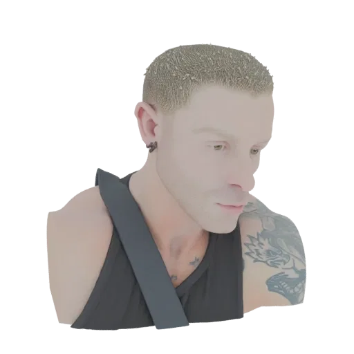3D model render of a man with short hair, a tattoo on his arm, and a dark earring, looking down.