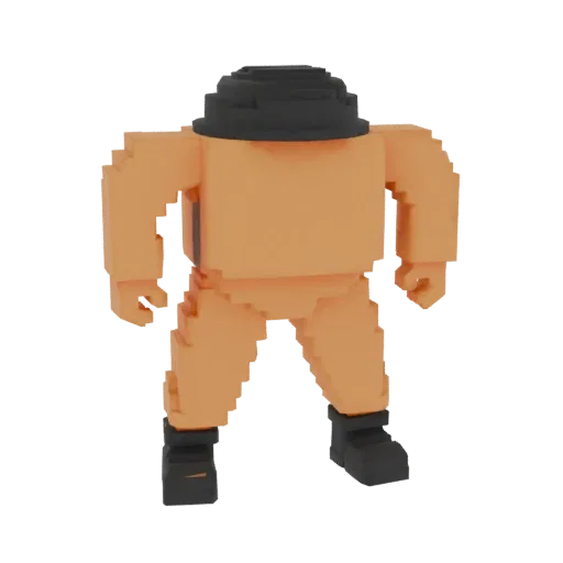 A low-poly, pixelated 3D model of a retro horror game character in an orange jumpsuit and black helmet, standing with clunky