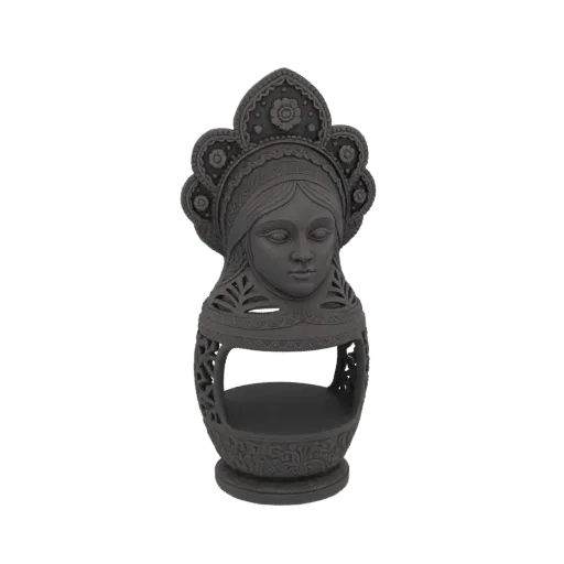 3D model of a dark gray lantern shaped like a Slavic woman's head with an ornate headdress.