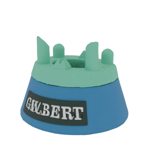 3D render of a blue and green Gilbert rugby ball stand with the 'Gilbert' logo on the base.