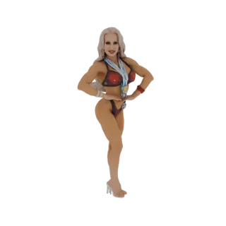 3D model of a female bodybuilder with blonde hair, wearing a red bikini and medals, striking a pose.