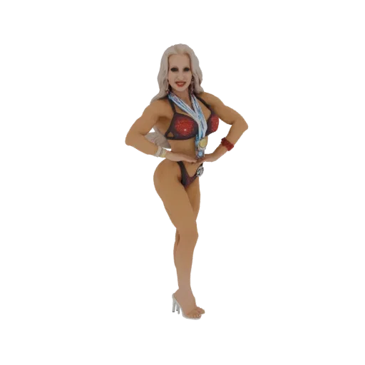 3D-Modell einer Bodybuilderin mit blonden Haaren, rotem Bikini und Medaillen in Pose.