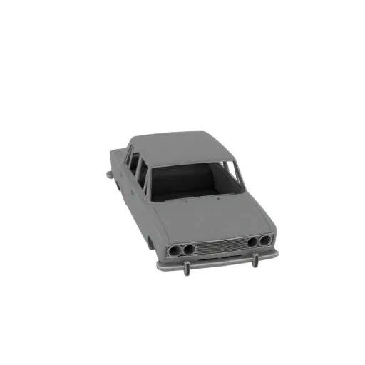 A grey, untextured 3D model of a classic 1970s sedan, viewed from a three-quarter front angle.