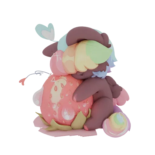 Ein 3D-Rendering eines niedlichen, dunkelbraunen Chibi-Charakters mit Regenbogenhaaren, der eine große, detaillierte pinke Er