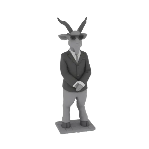 3D model of a gray goat character wearing a black suit, white shirt, tie, and sunglasses, standing on a tiled base.