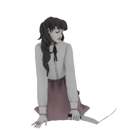3D model of a young girl with dark hair, wearing a white blouse and pink skirt, sitting with a melancholic expression and hol