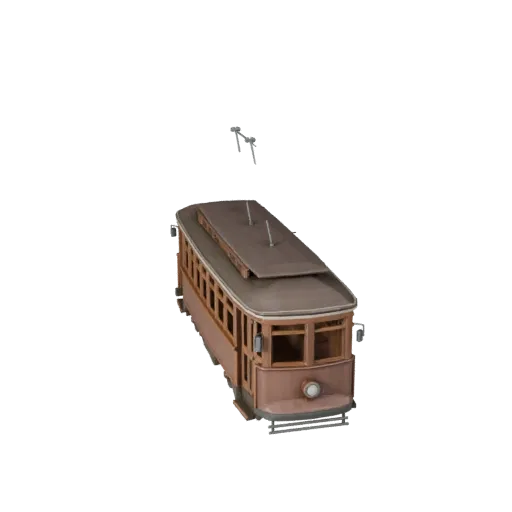 Modello 3D Tramcar Vintage Low Poly, vista in tre quarti del viewport di gioco, asset veicolo low-poly con proporzioni strada