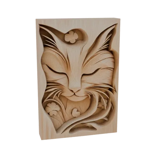 3D model of a serene cat face carved in wood, with closed eyes and floral accents, showcasing intricate wood grain texture.