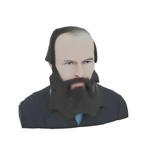 3D model bust of Fyodor Dostoevsky, a Russian author with a prominent beard, wearing a dark jacket and blue shirt.