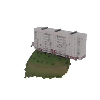 Modello 3D di un edificio appartamenti sovietico con balconi, ambientato su una base di terreno verde e ondulato con un senti
