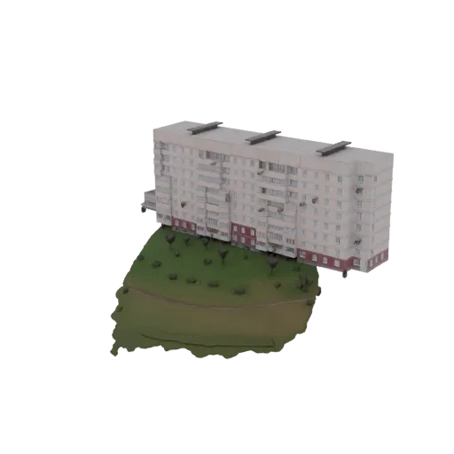 3D model of a Soviet-era apartment building with balconies, set on a green, undulating terrain base with a path.