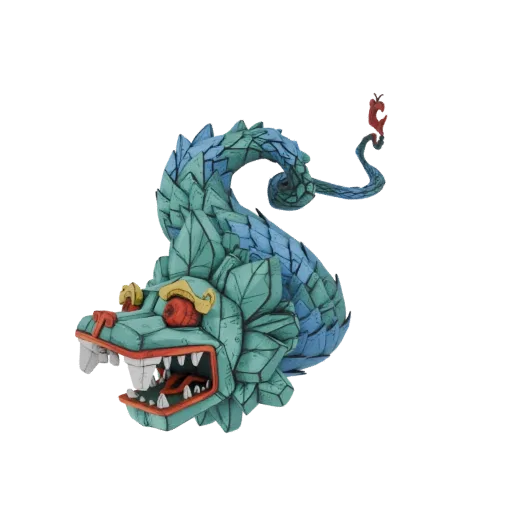 3D model of a stylized serpent head with faceted crystal-like scales in blue and green, sharp teeth, and red eyes.