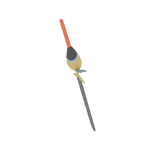 3D model of a fishing float bobber with an orange tip and yellow body, angled against a white background.