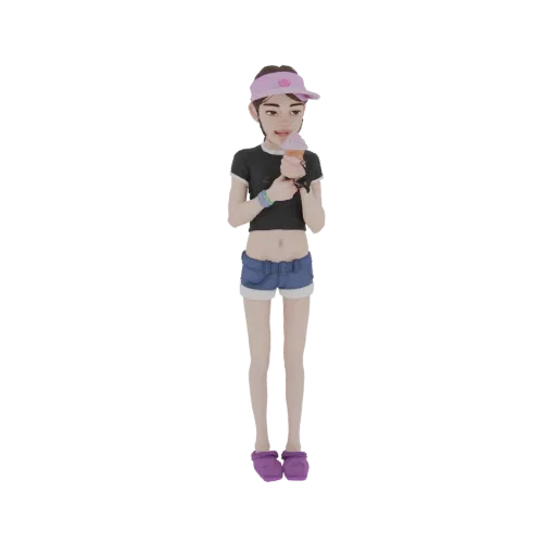 3D model of a young girl with brown hair, wearing a black crop top, blue shorts, and a pink visor, eating a pink ice cream co