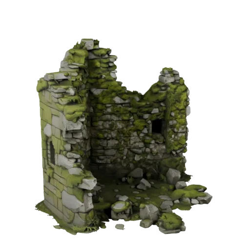 Moss Covered Ruin Wall Unity 3D model, isometric viewport view, showing aged stone, built remnants.